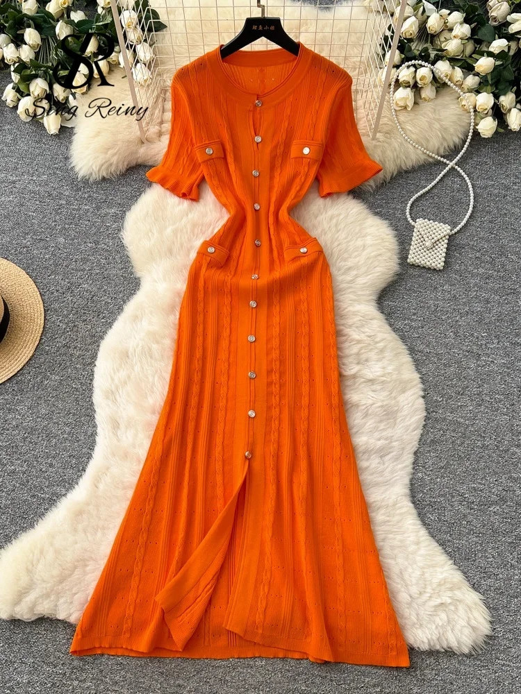 SINGREINY Summer Striped Knitted Long Dress Fashion Office Lady Split Beach Sundress High Quality y Wedding Guest Dress 260922