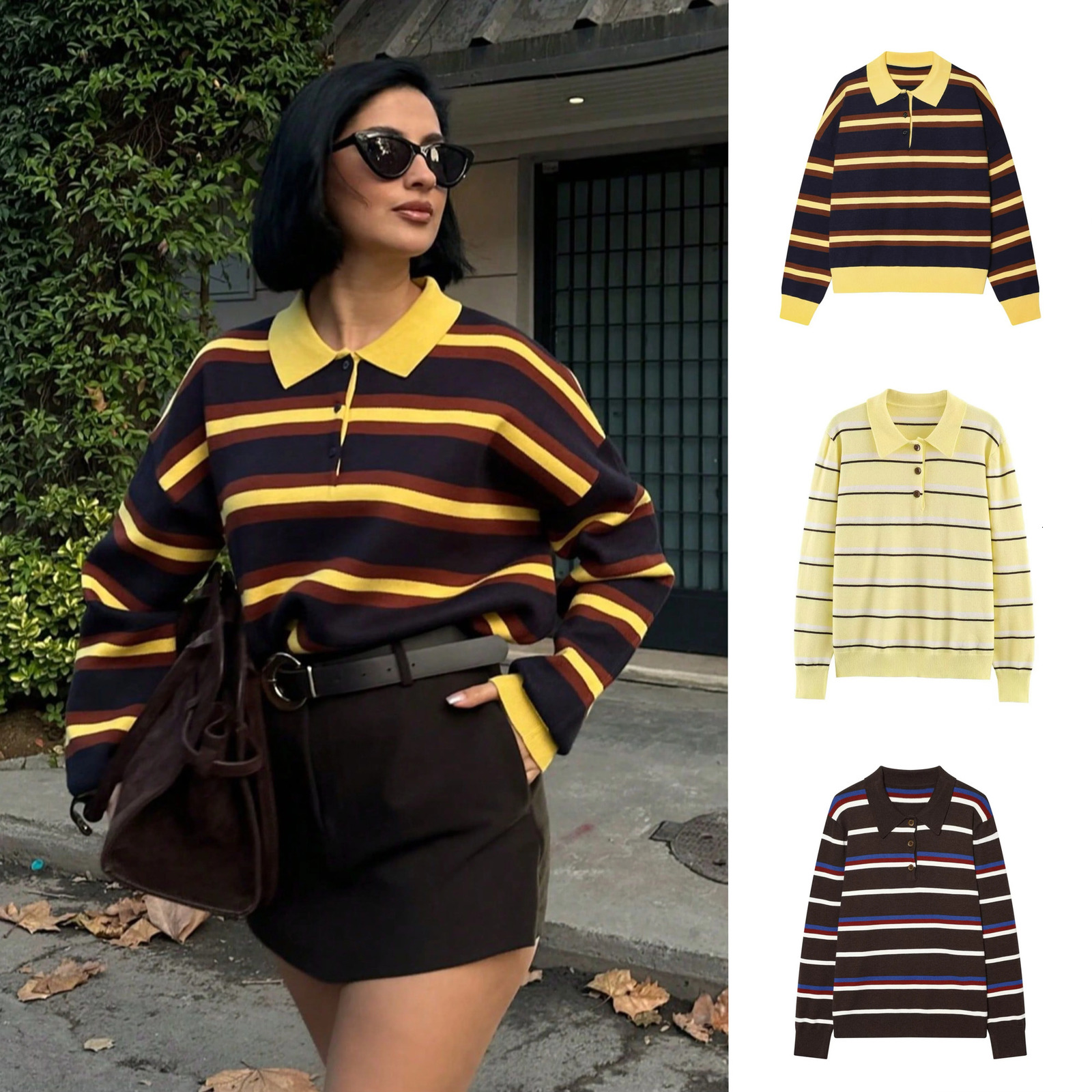 Womens European American Style Polo Neck Striped Knit Sweater 2026 Fall Spring Long Sleeve Casual Top 260921