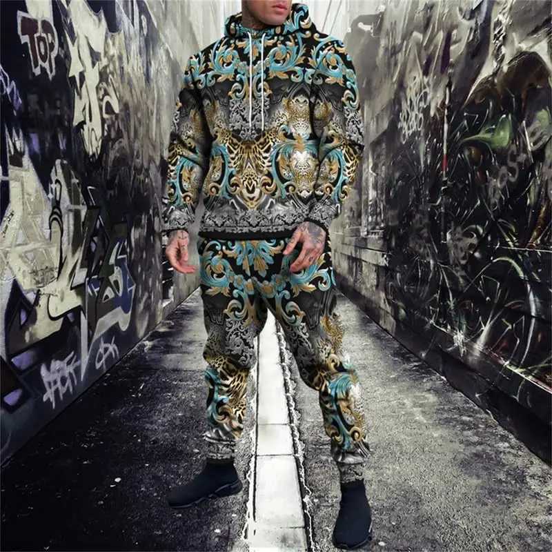 3D Leopard Print Men's Hoodie Pants 2-Piece Outfits Autumn/Winter Men's/Women's Hooded Sweatshirt Sets Oversized Jogging Suits T26092