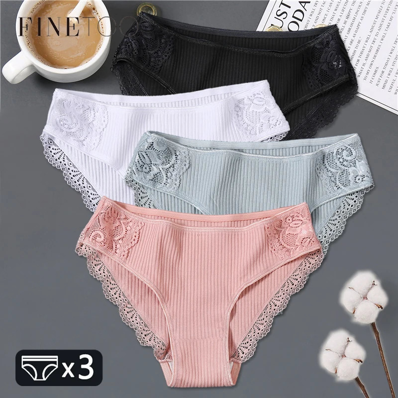 FINETOO 3Pcsset Women Cotton Panties M2XL LowRise Underwear Trendy Patchwork Lace Briefs Female Soft Underpants Lingerie 260923