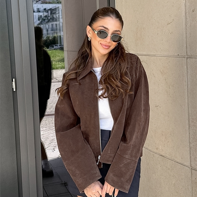 Women's Retro Brown Suede Jacket Loose Collar n Sense Autumn Commuting Outerwear Fashion Women's Clothing 260923