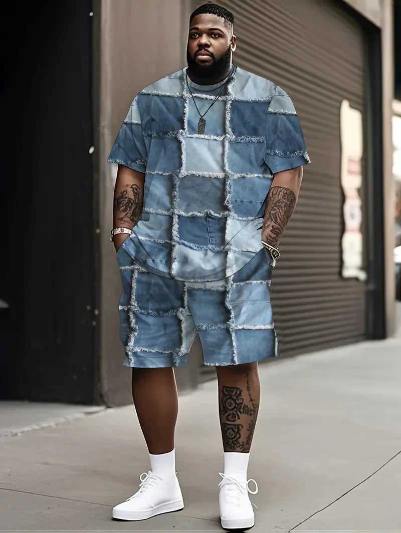 Denim Graphic T-shirt And Shorts 2-piece Set 2025 Plus Size Men's Clothing Casual Loose Drawstring Waist Shorts Short Sleeve Top T260924