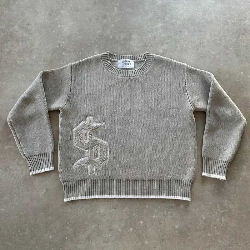 Y2K Men's Sweaters Grey Long Sleeve Sweater Dollar Gothic Embroidery Pullover Goth Retro Casual Streetwear Old Money Men Boxy Knitted Clothing