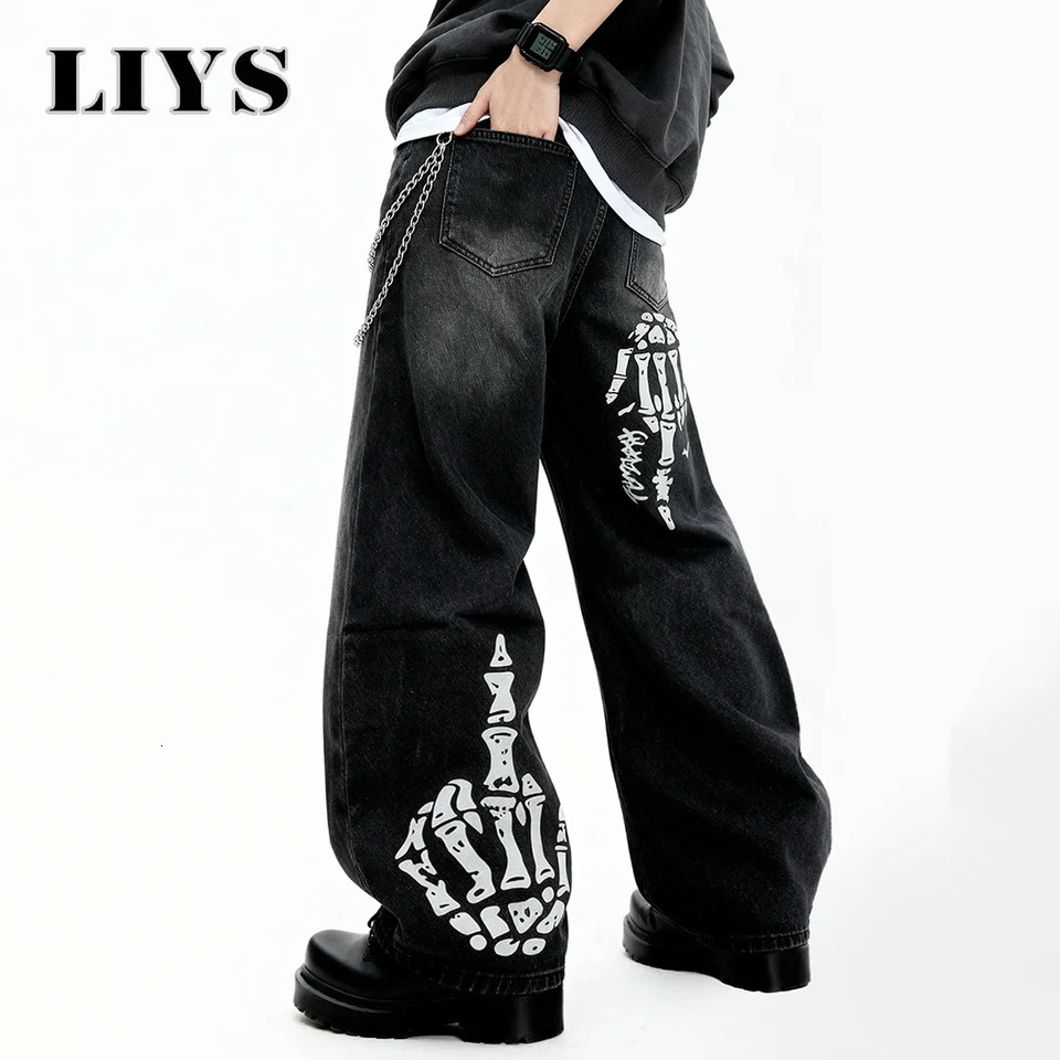 Men's Black Skull Finger Print Baggy Wide Leg Jeans Spring Summer Loose Straight Leg Denim Pants Women's Skull Element Jeans 260923