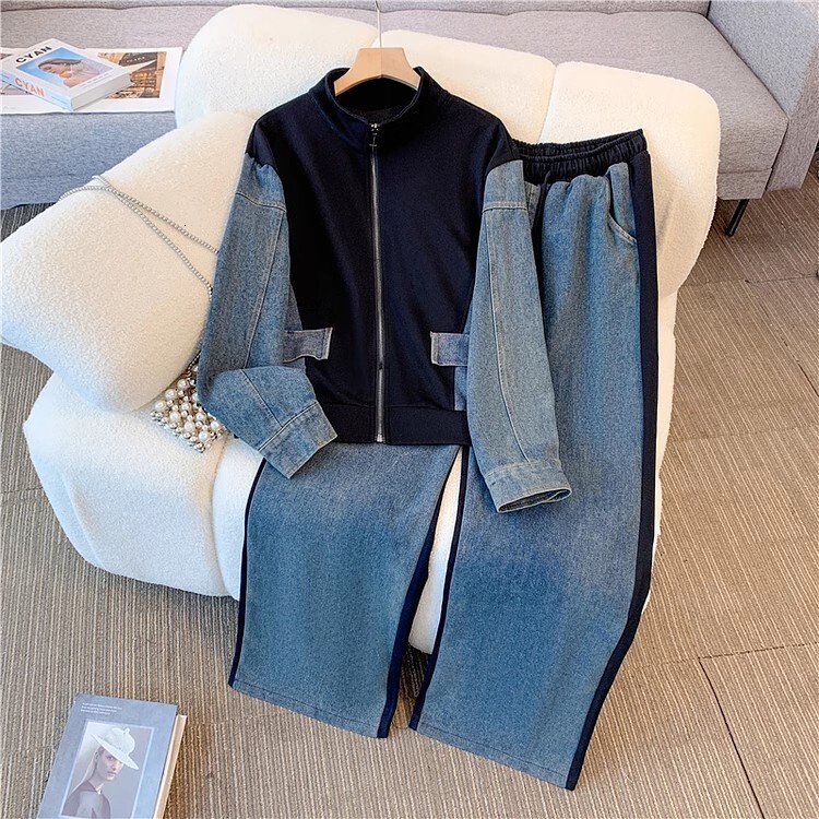 Pant Set Women Two Piece Sets Denim Stand Collar Matching Sets Casual Loose Tops Wide Leg Long Pants Lace Up Y2k Streetwear