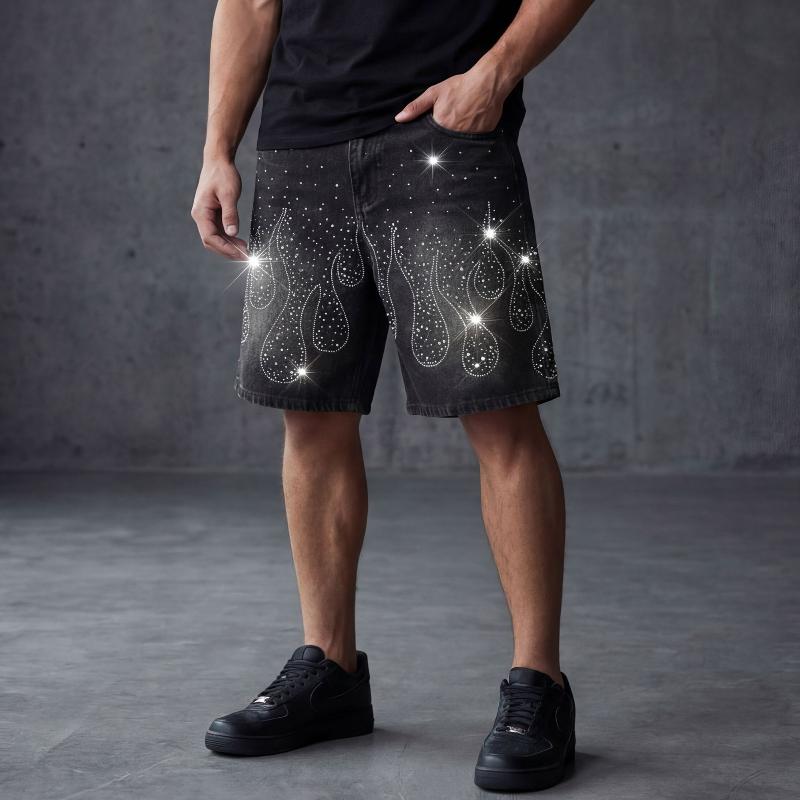 Y2K Mens Loose Fit Denim Bermuda Shorts Vintage Washed Finish Rhinestone Flame Graphic High Waist Five Pocket Streetwear Jean Shorts Belt Loops