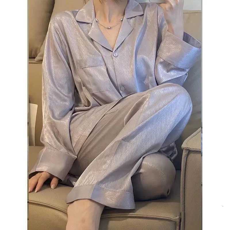 Women's Sleep Lounge Autumn Winter New Lapel Cardigan Women's 2 Pieces Set Ice Silk Soft Sleepwear for Women Simple Solid Color Elegant Wo