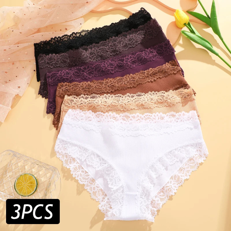3PCSSet Sexy Lace Cotton Panties for Women Flroal Seamless Briefs Low Rise Lingerie Female Breathable Soft Underwear SXL 260923