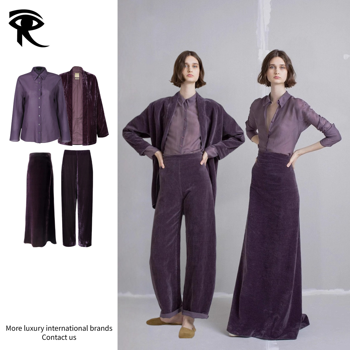 Women Spanish Chic Long Sleeve Button Up Shirt and High Waist Purple Velvet Maxi Skirt Elegant Retro 2 Piece Matching Outfit Set Designer Dress