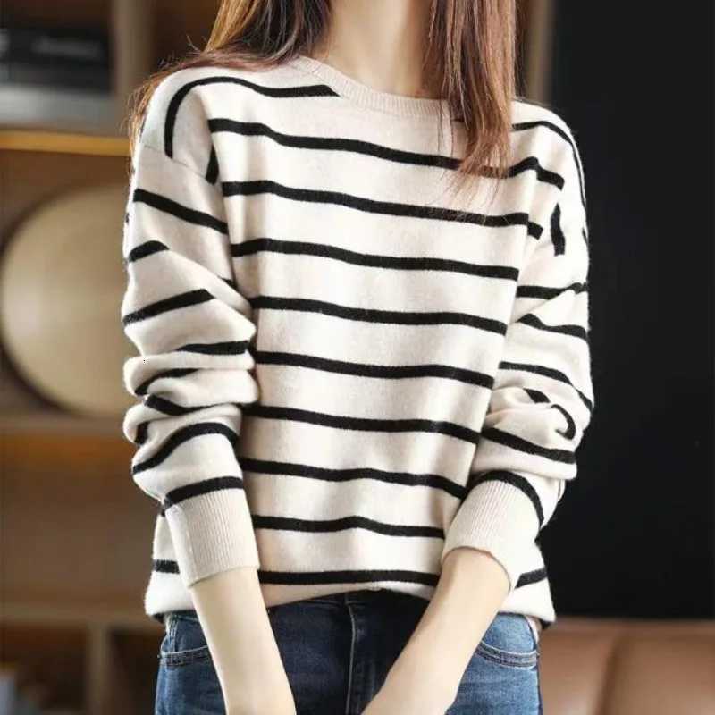 Women's Sweaters Autumn and Winter Women's Pullover Round Neck Stripe Contrast Flocking Lantern Long Sleeve Sweater Knitted Bottom Casual