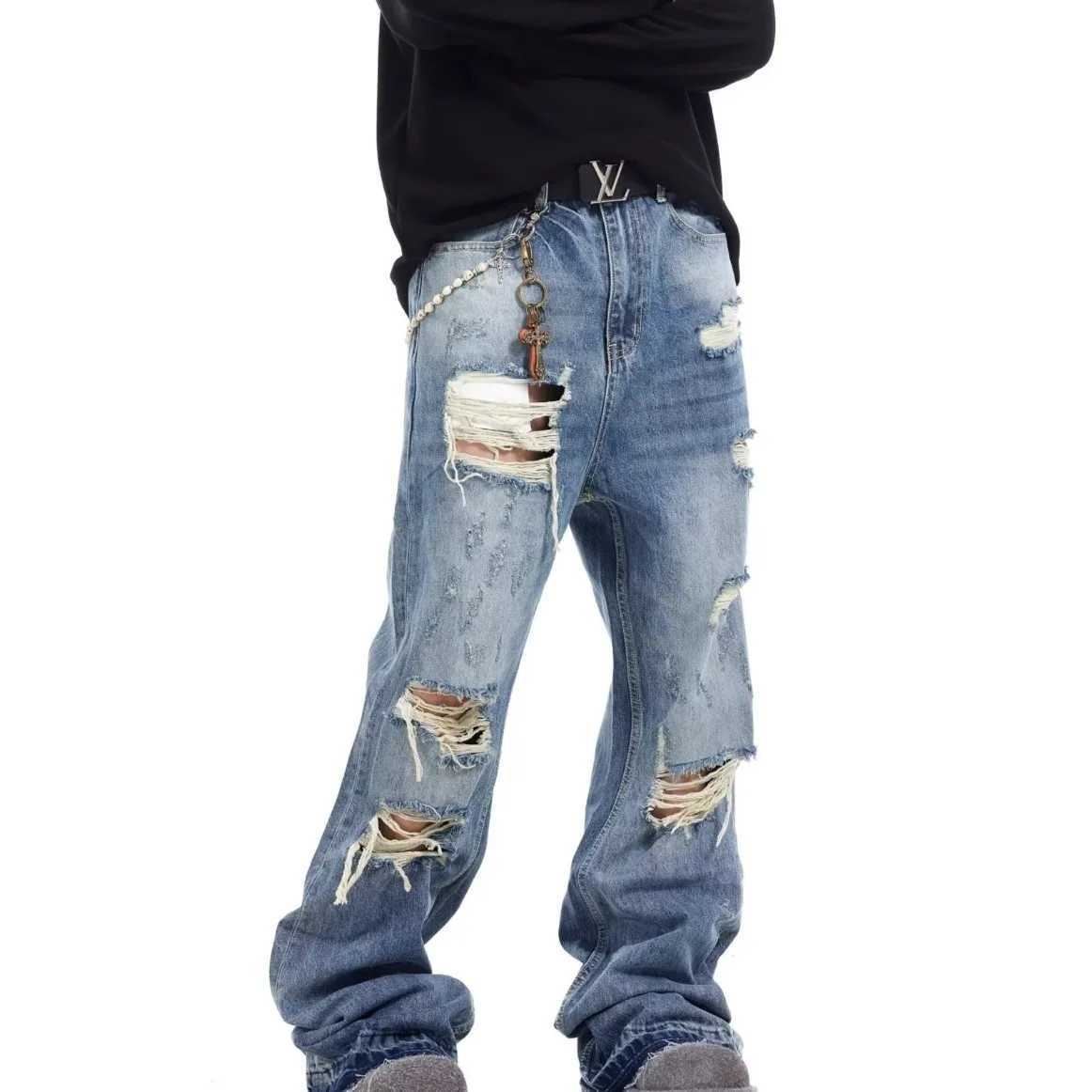 American Retro Loose Straight Hole Patched Jeans for Men and Youth Trendy Beggar Pants Summer Casual Pants S260924KQPS