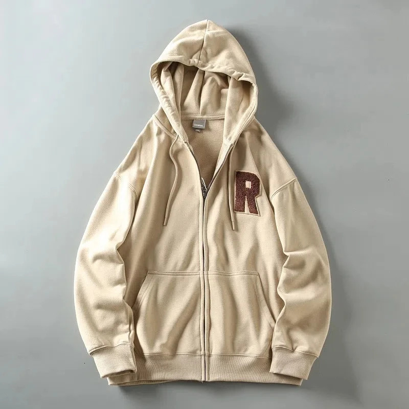 Spring American vintage applique embroidered mens loose casual hooded sweater cardigan zipper coat 260922