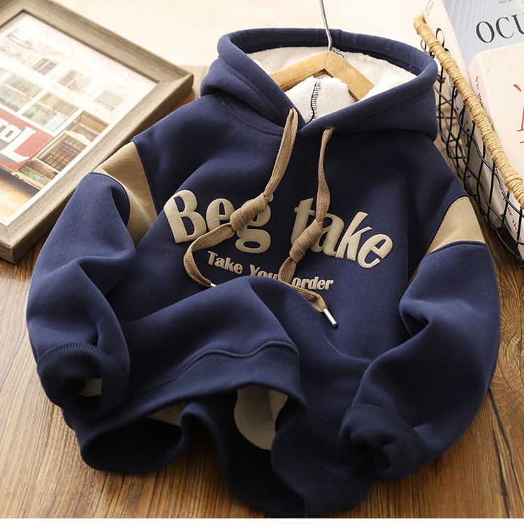 Sudadera con capucha con forro polar y bloques de Color para niños, jersey con estampado de letras, Top de manga larga para niños y niñas, Otoño e I