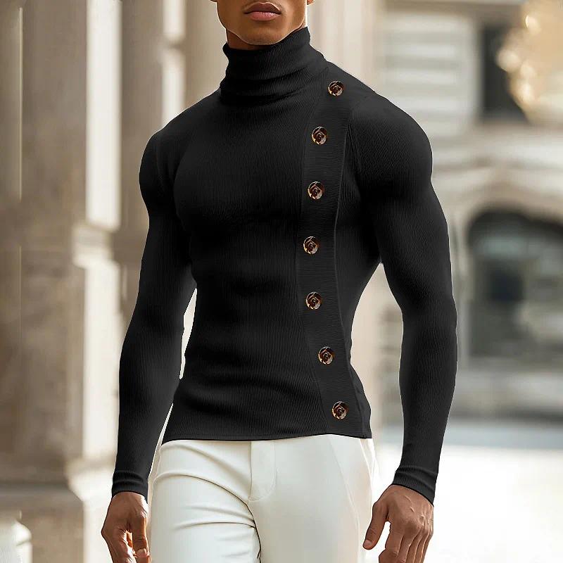 Spring 2025 New Fashion Men's Button Turtleneck T Shirt Solid Color Long Sleeve Leisure Streetwear Popular Slim-fit Basic Shirt