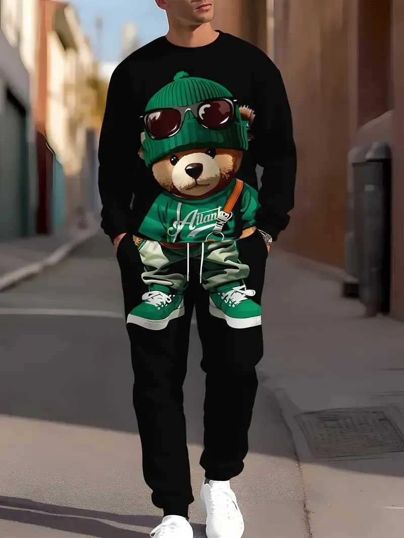 The new men's round-neck sweatshirt set for Spring and Autumn 2025 is a casual soft and comfortable 3D bear pattern print T260924