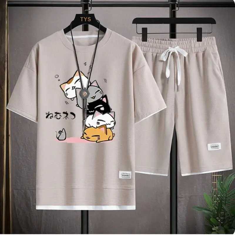 2024 Men's Summer Waffle Set Brand Fashion Casual T-shirt+Shorts Set Men's Sports Set Loose ComfortableSlo Two-piece Set T260924