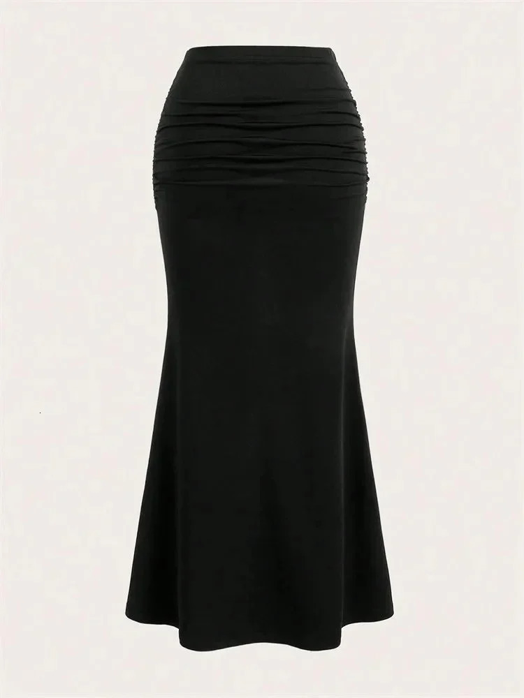 Solid Bodycon Ruched Long Skirt Women Sexy Black Elastic Elegant High Waist Mermaid Maxi Skirts Summer Streetwear 260928