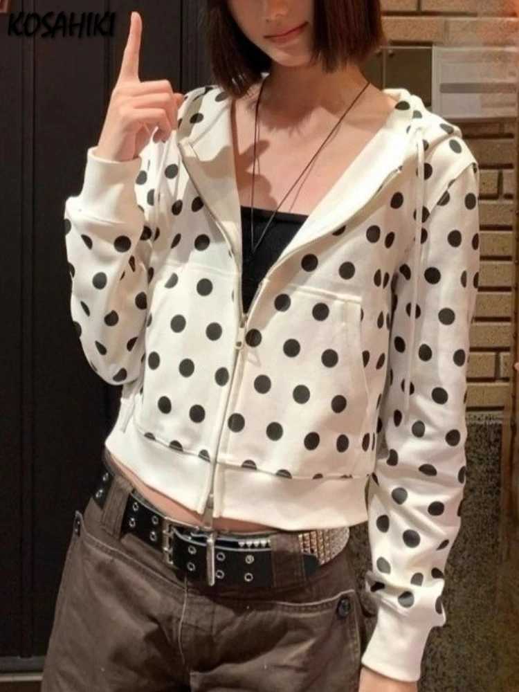 SprWomen Polka Dot PrintCasual Sweatshirts Y2k Aesthetic Grunge Pocket Hoodies Harajuku Cropped Hooded Hoody T260923