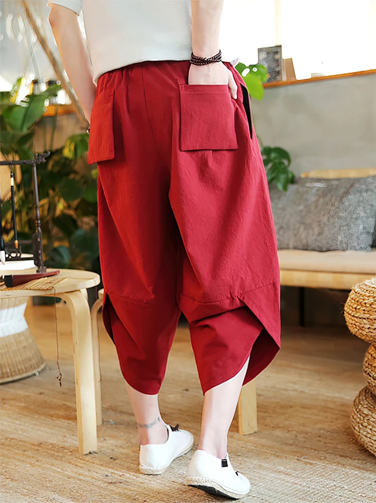 Beach Summer Cotton Linen Cargo Shorts Men Baggy Wide leg Casual Capriss Pants Male Sport Running Shorts Harem Trousers 260923
