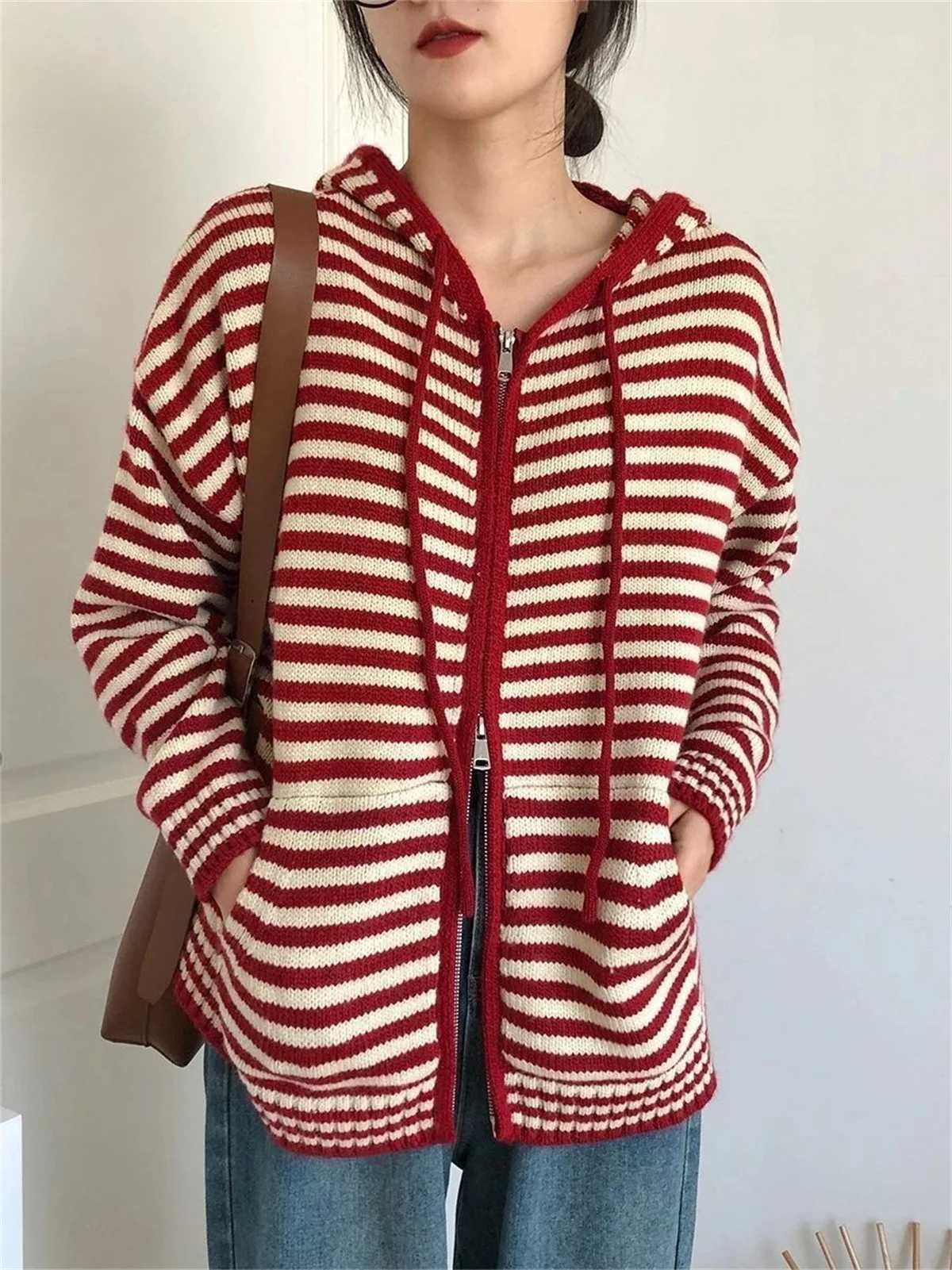 Women's Sweaters Oversized Knitted Striped Hooded Cardigan Women Autumn Winter Loose Casual Zipper Sweaters Versatile Knitting Outerwear H26092