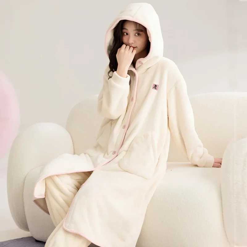 Sleep Lounge Women's Robe Pant Flannel Winter Warm Nightwear for Women 2024 New Fashion Korean Sleepwear with Hood M-2XL Coral Fleece Pyjamas M