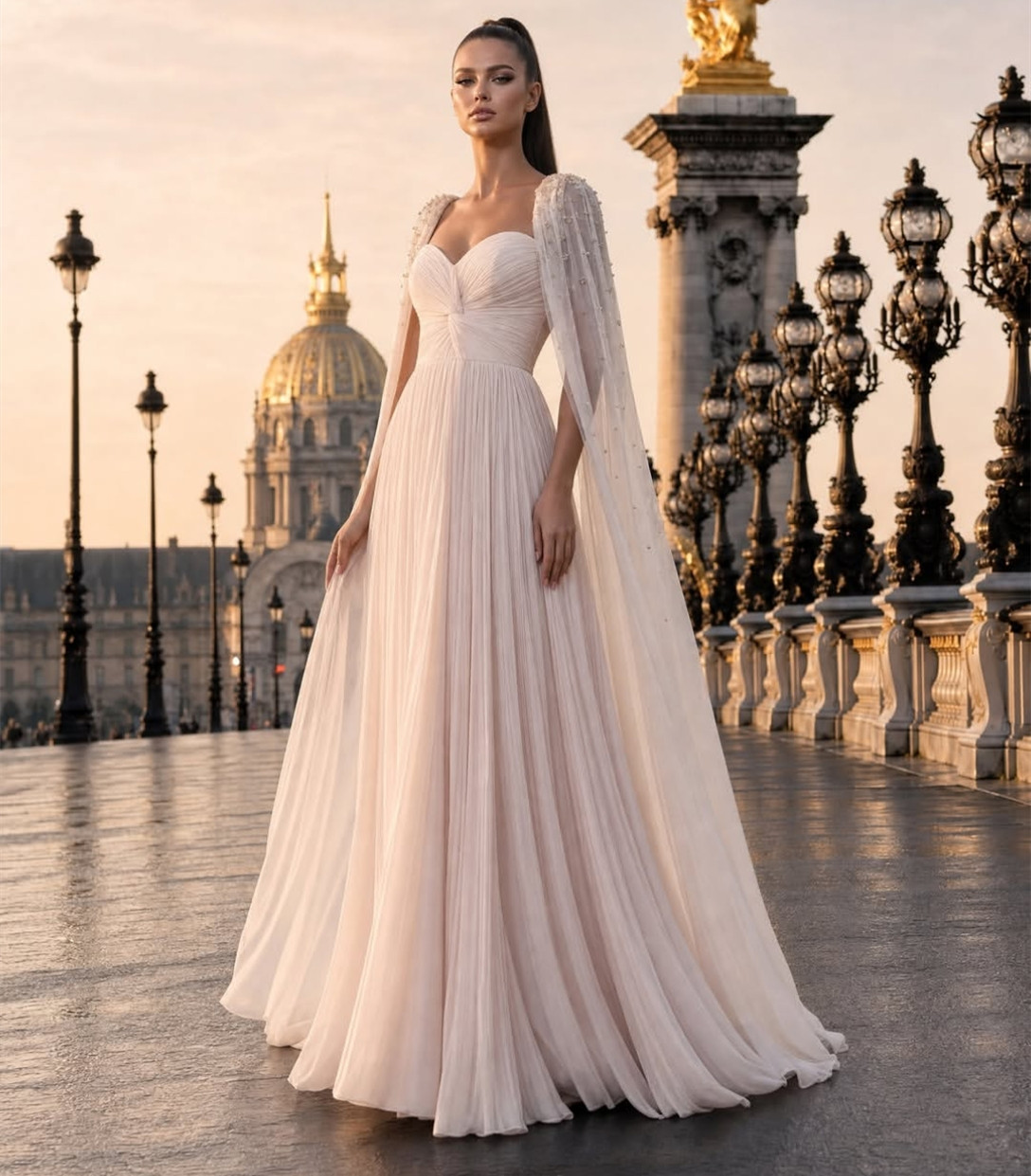 Vintage Long Chiffon Evening Dresses With Cape A-Line Sweetheart Beaded Lace Up Back Pleated Prom Dresses Floor Length Robe De Soiree Formal Party G