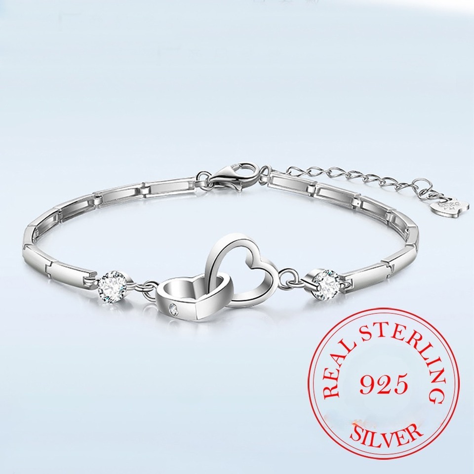 New Charms 925 Sterling Silver Bracelets Bangles for Women Valentine's Days Gift Cubic Zircon Double Heart Bracelet Jewelry ddmysat