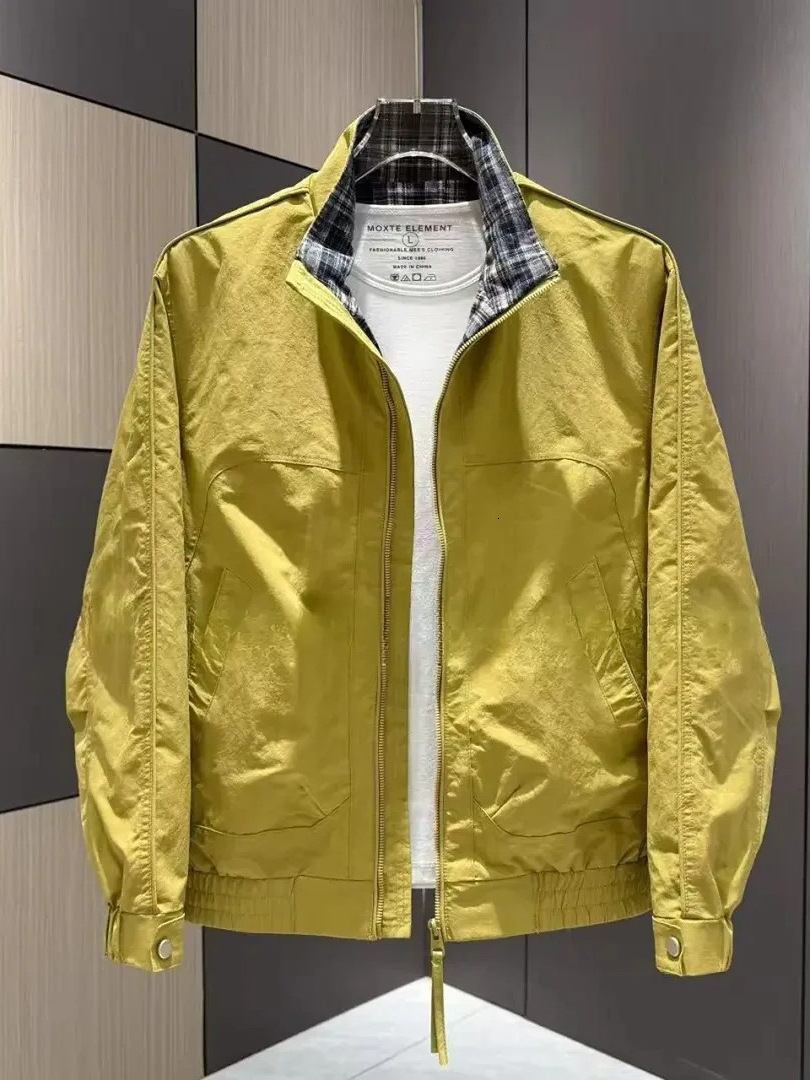 New spring summer fashion men's stand-up collar jacket, simple versatile, trendy and stylish, outdoor windproof patchwork plaid coat