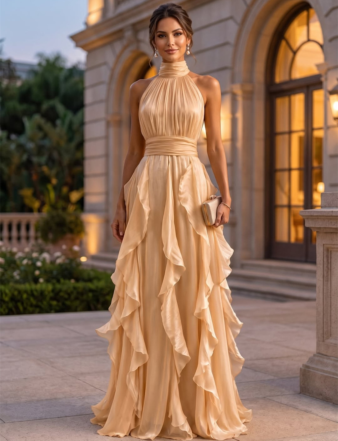 Elegant Long Chiffon High Neck Prom Dresses with Ruffles A-Line Pleated Watteau Train Party Dress Maxi Formal Evening Dresses for Women