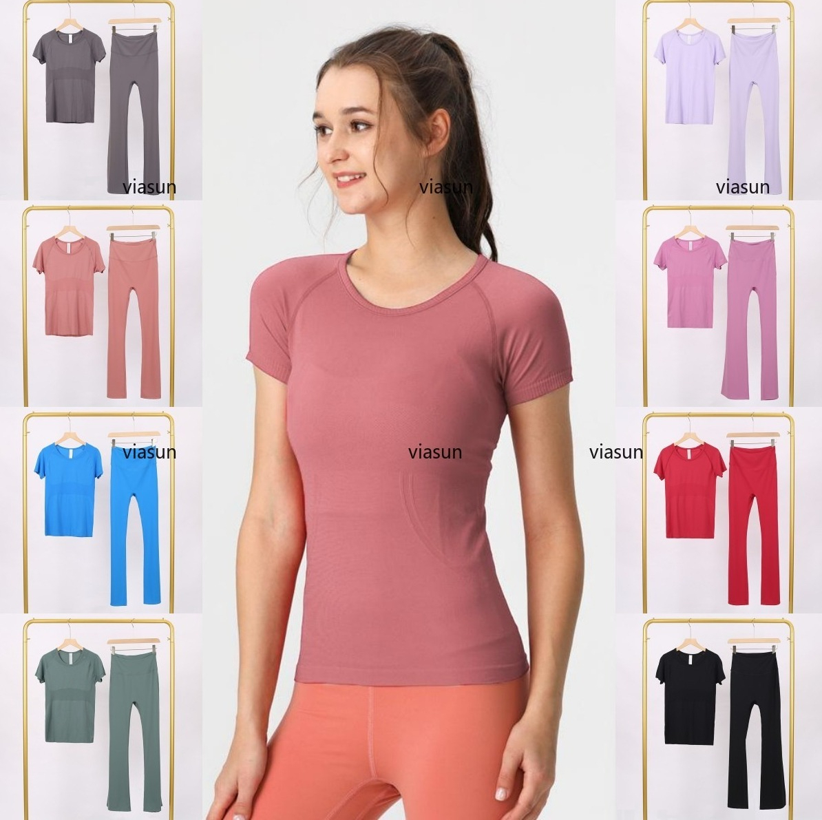 Designer Yoga T-Shirts bell-bottom set women High-Elastic Breathable Running Top Quick Drying Seamless Short Sleeve Sport-Cycling Gym Wear good