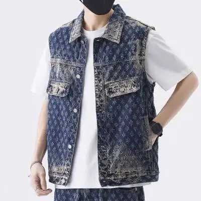 Men's Jeans Retro Trendy Motorcycle Denim Vest for Men Spring and Autumn High Street Stylish Loose Jacquard Sleeveless Jacket Vest Outerwear H2