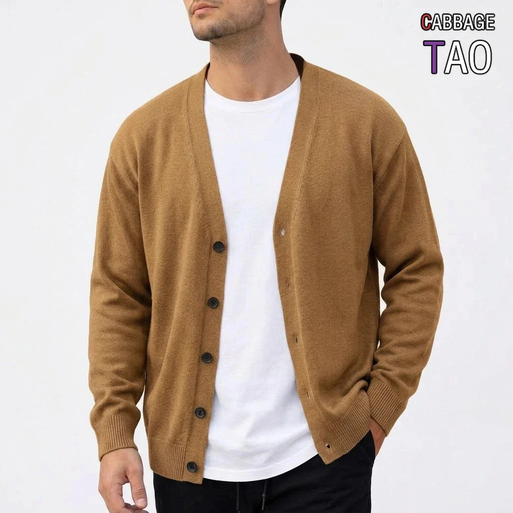 Mens Solid Color VNeck Knit Cardigan Sweater Long Sleeve Button Knitted Jacket Athletic Outdoor Activewear Outerwear for Men 260910