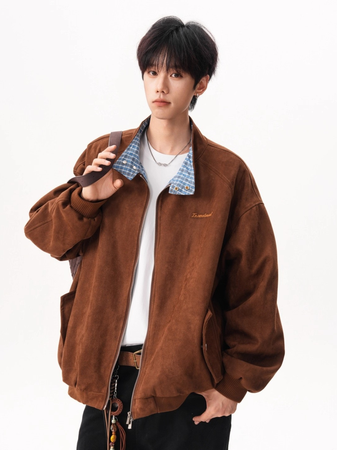 American Style Suede Plaid Patchwork Lapel Jacket for Men and Women, Autumn Retro Loose Baseball Jacket, Casual Couple Coat