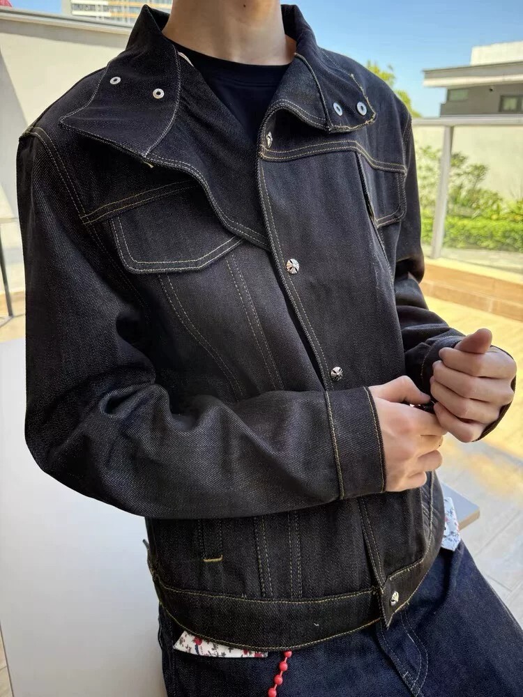 American retro street style, classic short wide jacket with slanted collar, featuring sturdy denim fabric a zipper design, suitable for both men and