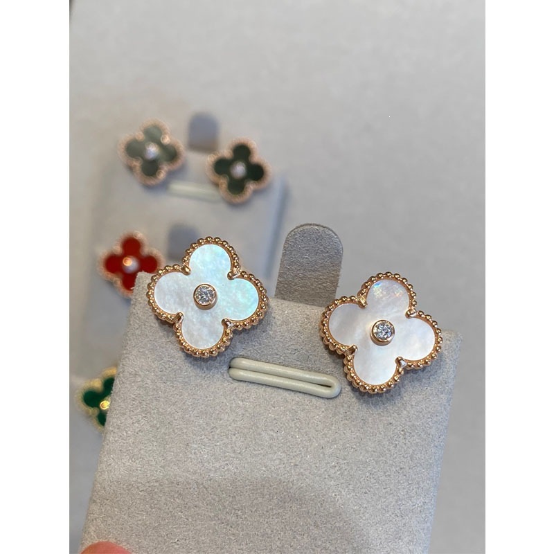 Designer Jewelry Vanle cleef necklaces Christmas themed ear clips thick gold plated with natural mother of pearl accents a perfect gift for your gir