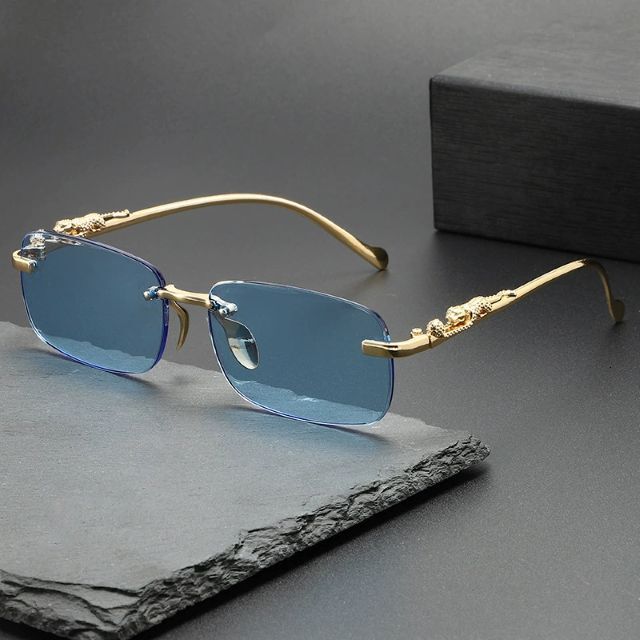 Luxury Brand Designer Sunglasses Decorative Frameless Square Sunglasses, Colorful Retro Leopard Head Metal Sunglasses For Men Women, European And Am