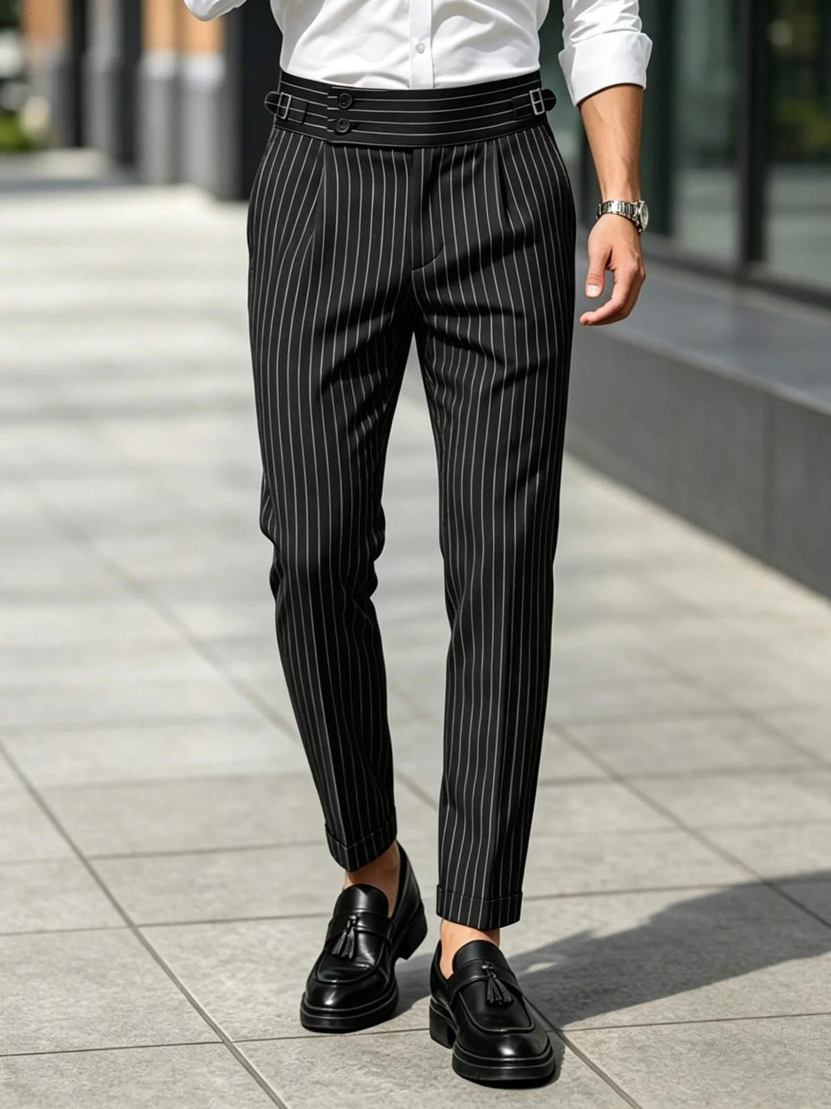 Mens Retro Black Business Casual Striped HighWaisted StraightFit Trousers with Drape Effect 260924