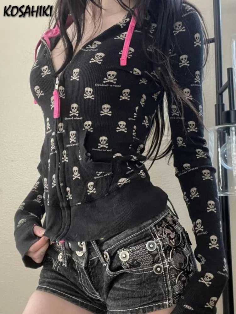 Punk Skull Print Harajuku Hoodies Women Casual Thin Blk Hooded Jket Y2k Aesthetic Crop Zipper Sweatshirt Kpop t T260923