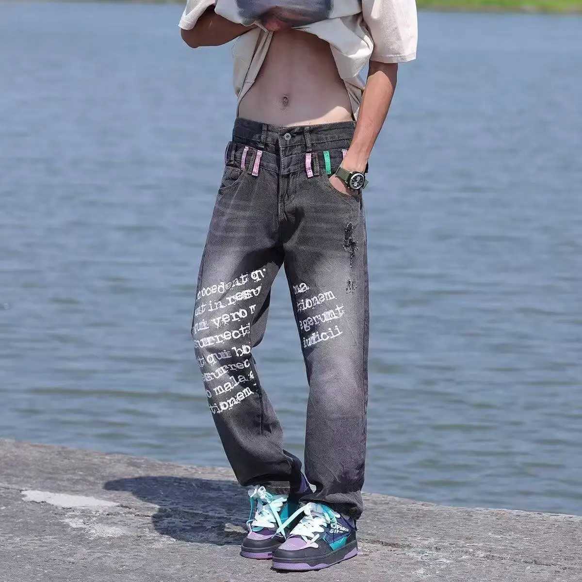 Men's Jeans Y2K New Fashion Retro Letters Washed Oversized Jeans Men's and Women's Harajuku Hip Hop Gothic Casual High Street Denim P