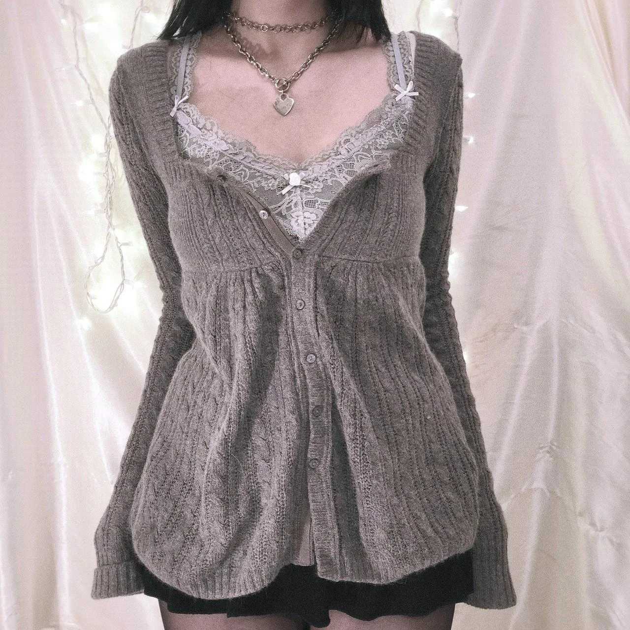 Women's Sweaters 2000s Vintage Long Sleeve Babydoll Knitted Sweater Tops Cottage Milkmaid Pullovers Aesthetic Grunge Y2k Knitwear T-shirts Wome