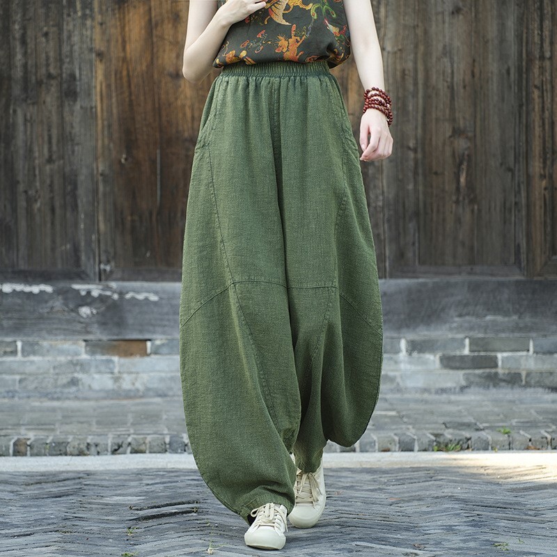 Johnature Women Vintage Linen Bloomers Solid Color Patchwork Elastic Waist Spring Trouser High Quality Loose 2025 Pants