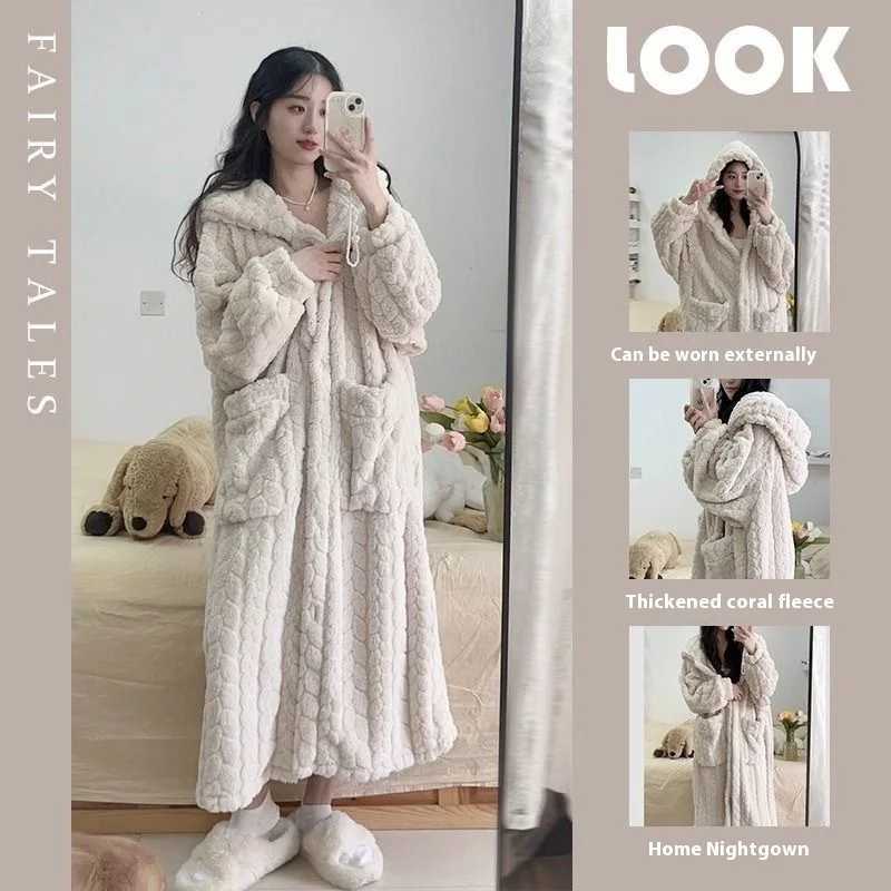 Lounge Women's Sleep Autumn and Winter Nightwear for Women Flannel Dressing Gown for Women Coral Fleece Long Korean-Style Homewear Lazy Dressin
