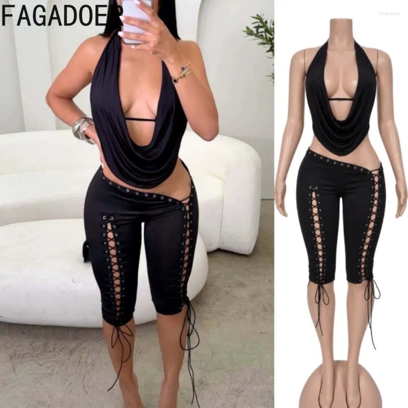 Conjunto de dos piezas para mujer, top halter drapeado y pantalones capri con cordones recortados Y2K Streetwear Club Party Fashion Outfit