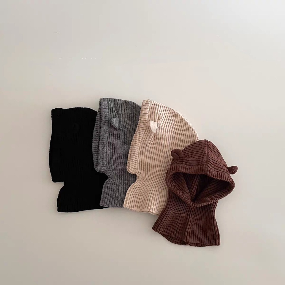Kids Toddler Hooded Beanie Winter Windproof Warm One Piece Scarf Cap Solid Color Knitted Cute Baby Balaclava Hat
