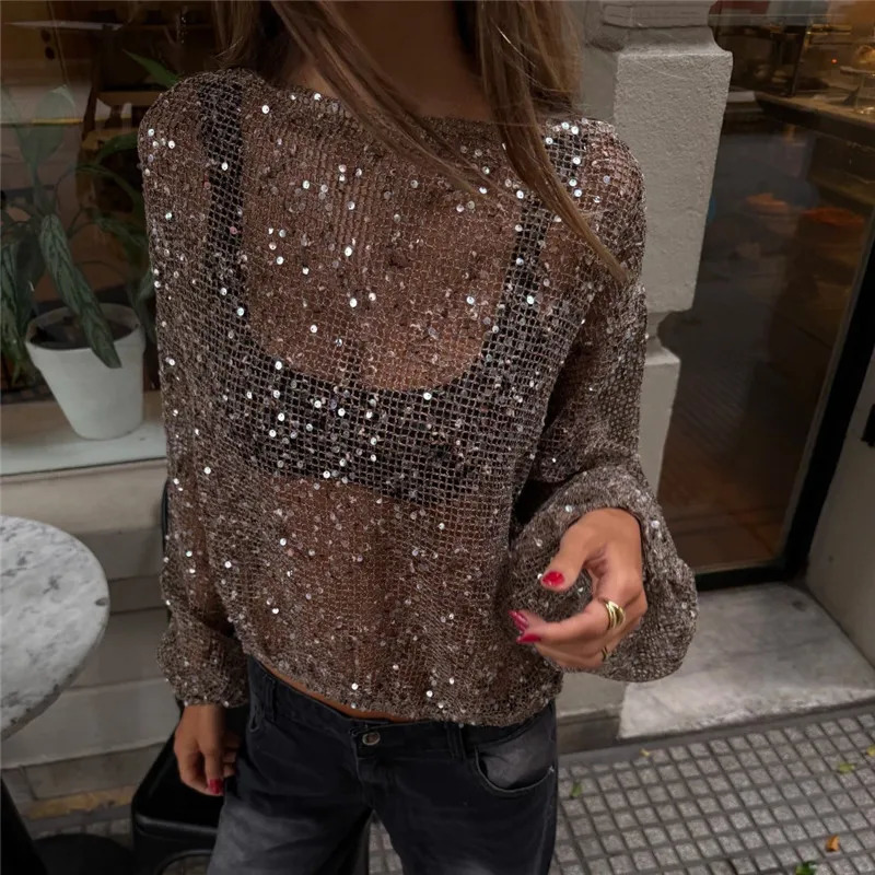 Women Mesh Sequin Long Sleeve Top Boat Neck See Through Hollow Out Bubble Cuff Cropped Blouse Glitter Sparkly Night Club Shirt 260923