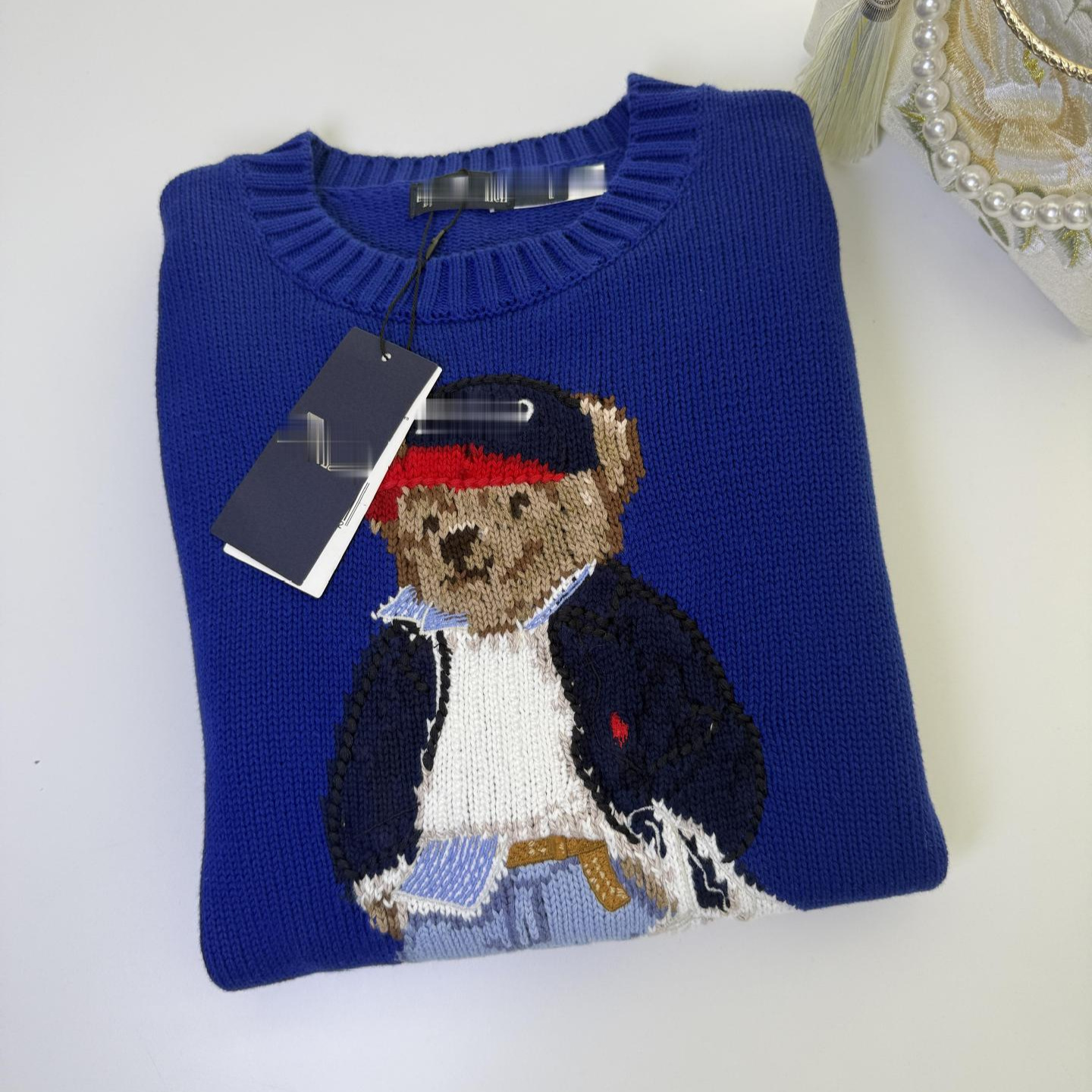 womens bear pattern knitted sweater with crochet embroidery round neck pullover
