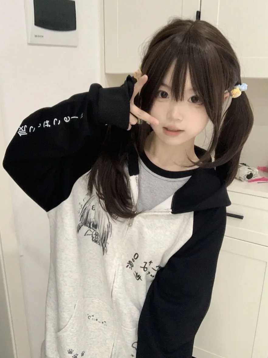Japanese Contrast Color Hooded Tops Women Y2k Aesthetic Cartoon Print Grunge Hoodie Casual Zip Up Sweatshirt Harajuku Streetwear T260923YOV1
