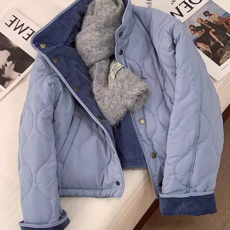 Korean Style Blue Corduroy Loose Fit Jacket Women's Autumn Winter Anti-Aging Design Casual Warm Cotton Padded Outerwear