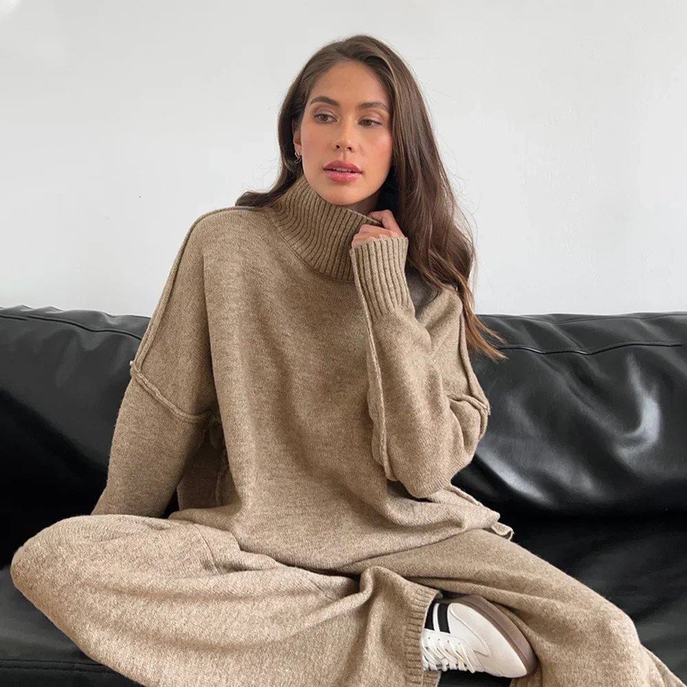 2027 turtleneck sweater set women's European American autumn and winter loose casual lazy thickened knitted trousers set 260923