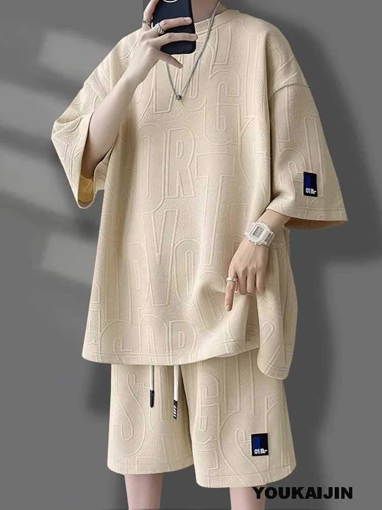 Men's Korean Summer Suit Korean Casual T-shirt + Shorts Suit Men's Tracksuit Solid Color Tracksuit Loose Suit Plus Size 5XL T260924